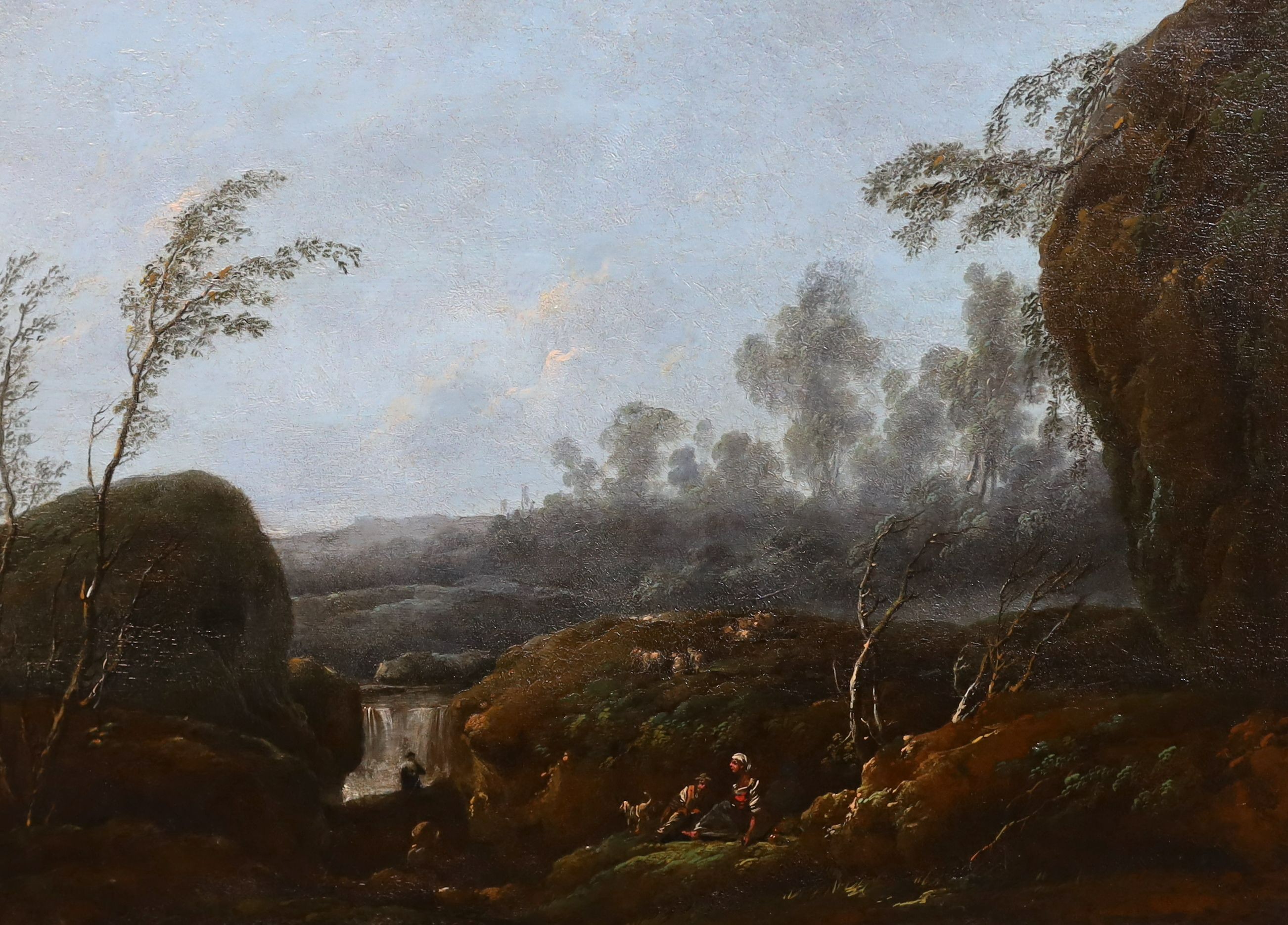 Jean Baptiste Pillement (French, 1728-1808), Italianate river landscapes, oil on zinc panels, a pair, 28 x 38.5cm
